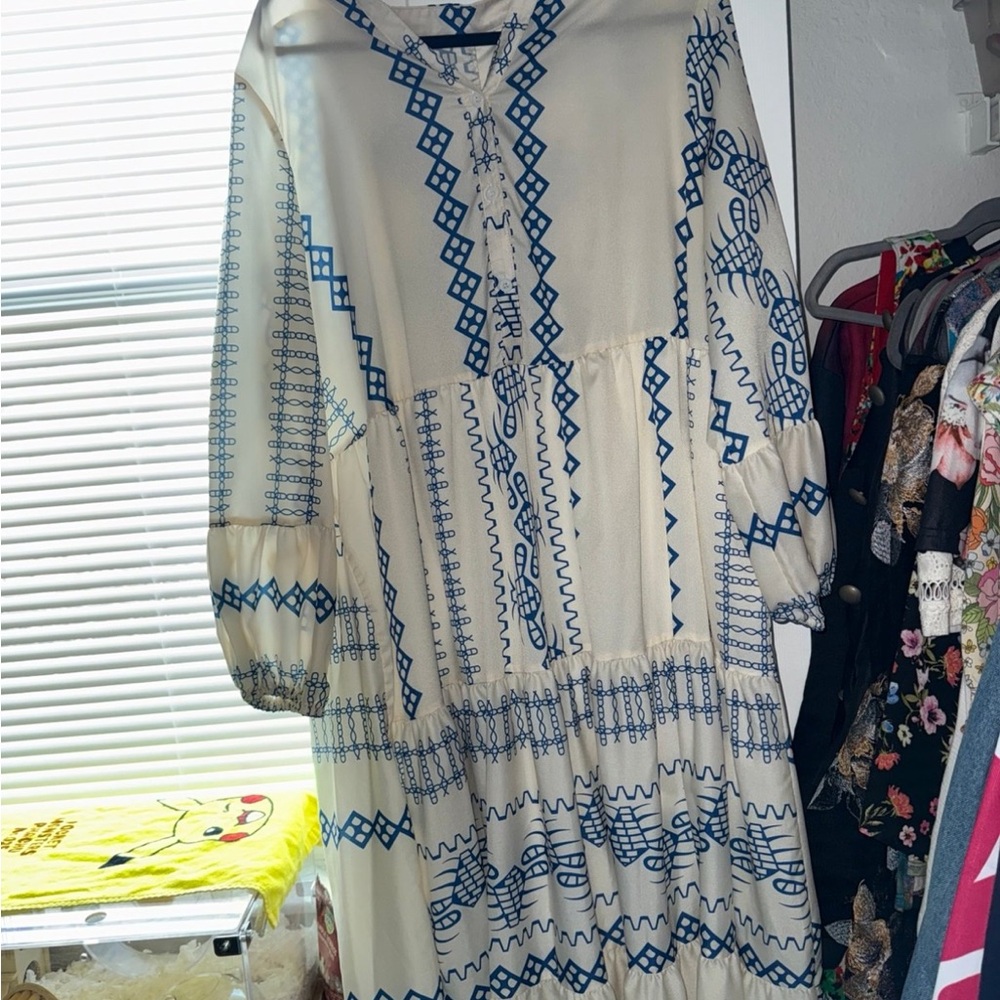 SHEIN Blue and White Long Sleeve Sundress